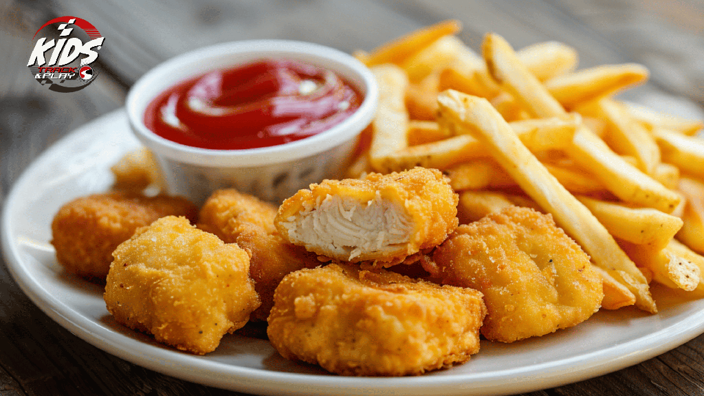 Frietjes met kippennuggets (5st.), sausje en een drankje
